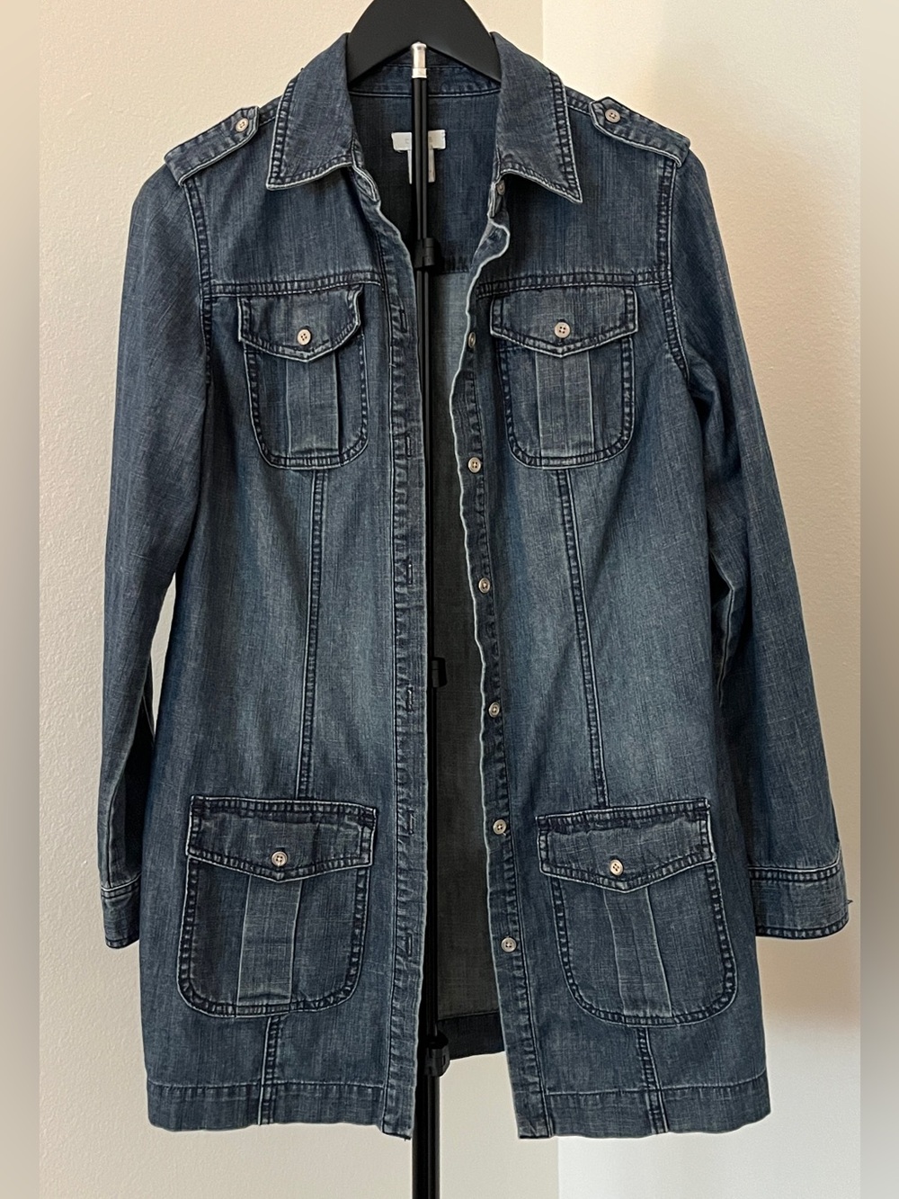 Chico’s Long Blue Denim Coat | 100% Cotton | Utility Jacket | Small